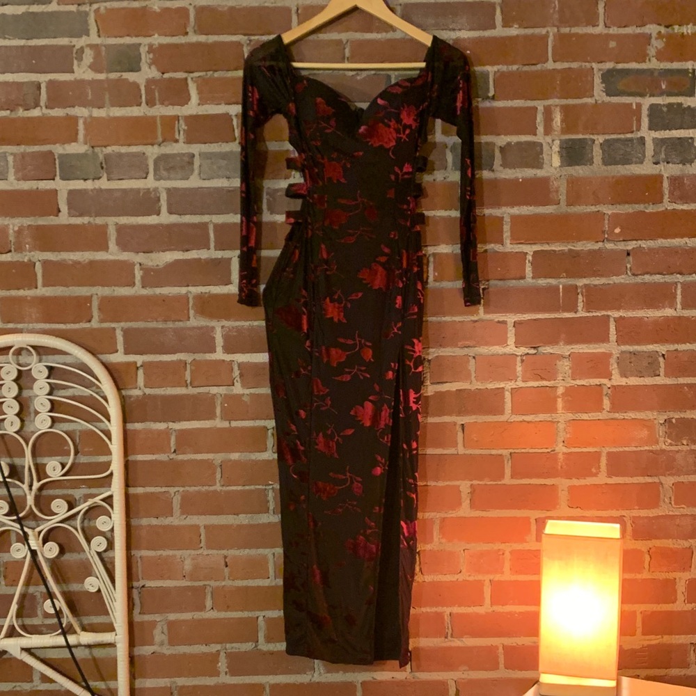 Fashion Nova Black Midi Dress with Red Floral Print and Sheer Long Sleeves